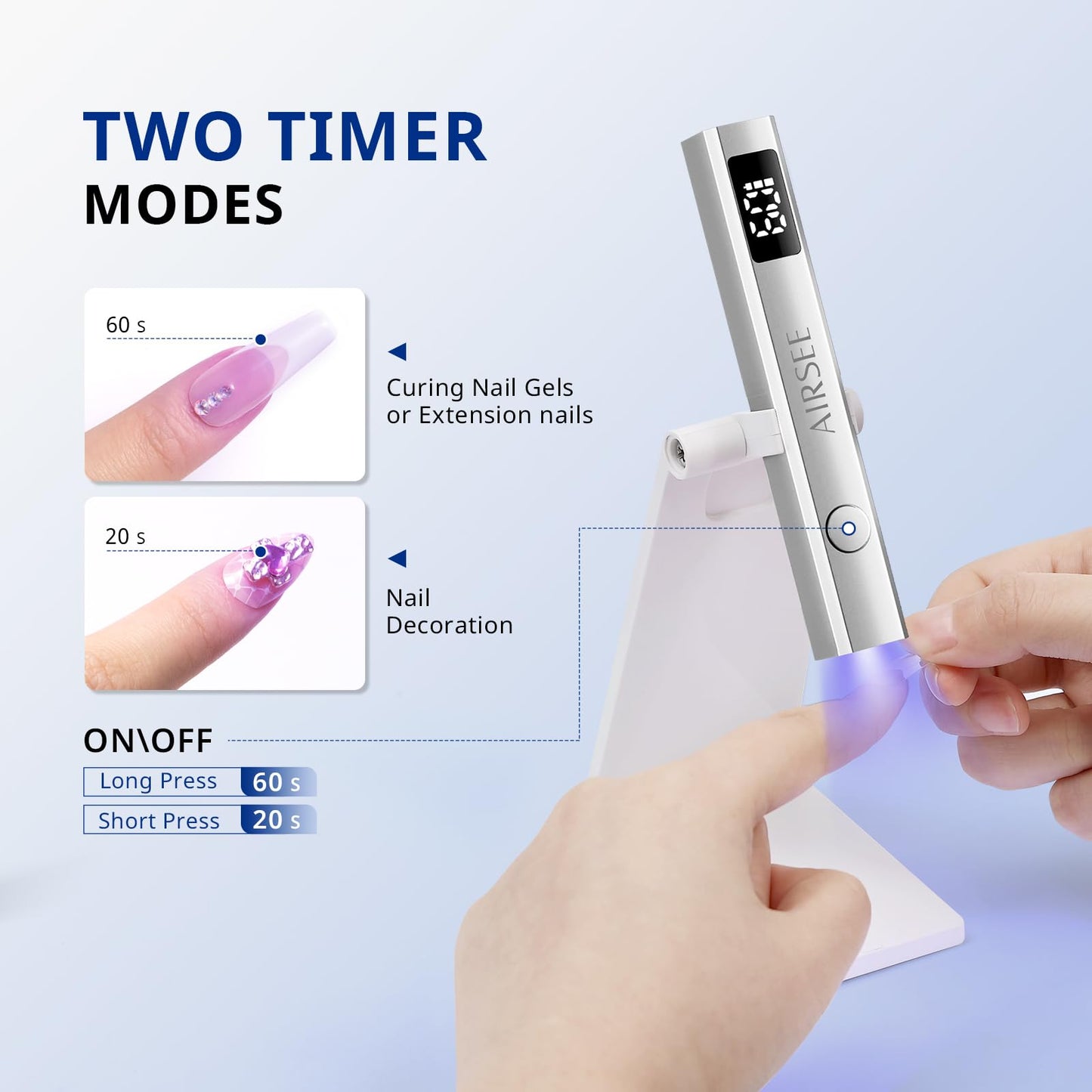 AIRSEE Cordless Mini Nail Lamp with Display & Stand for Gel Nail,Sliver