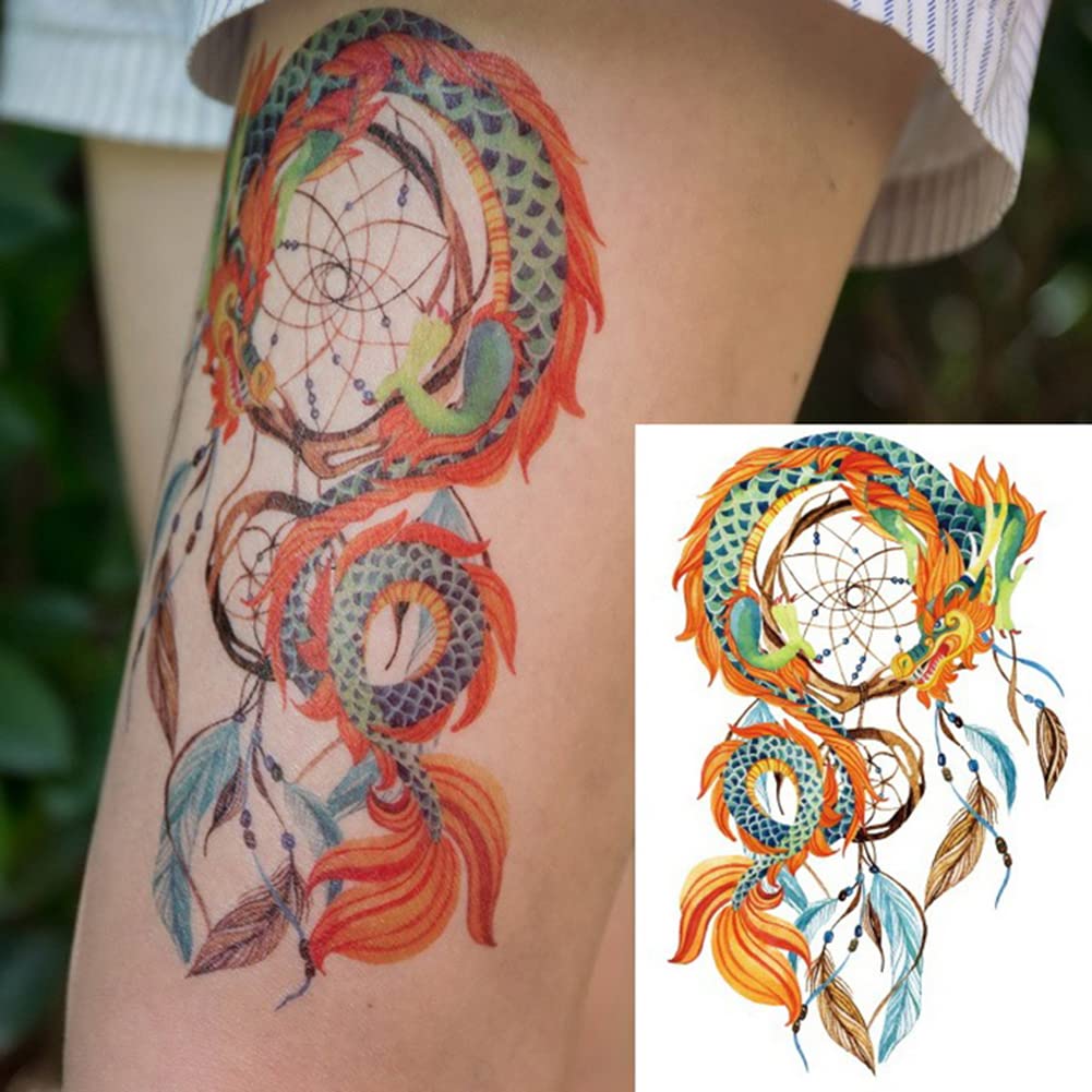 Oottati 6 Sheets Arm Large Temporary Tattoos - Colorful Dream Catcher Dreamcatcher Feather Dragon Bird World Peace