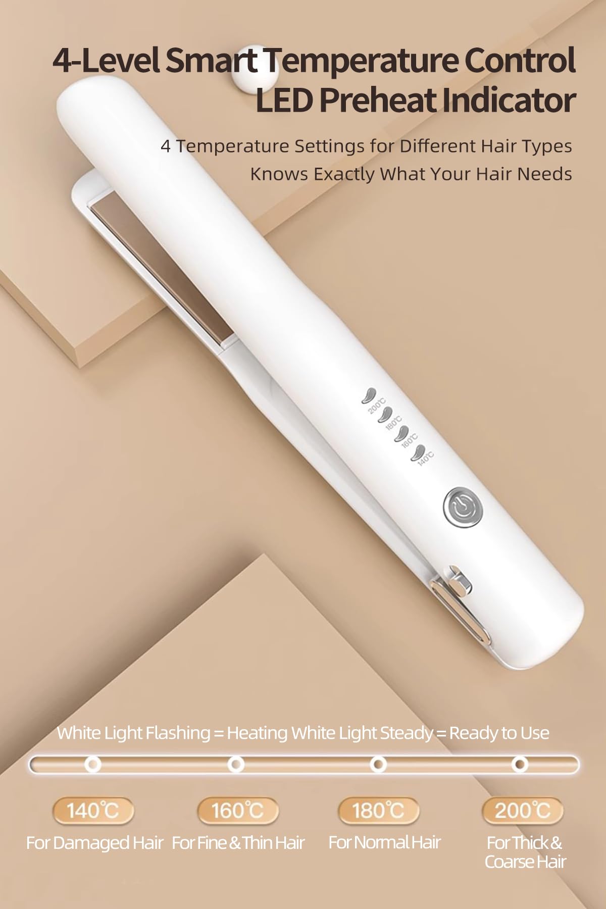 Cordless Hair Straightener, Negative Ion Flat Iron with 4-Level Temperature Control, Anti-Static Hair Iron, White