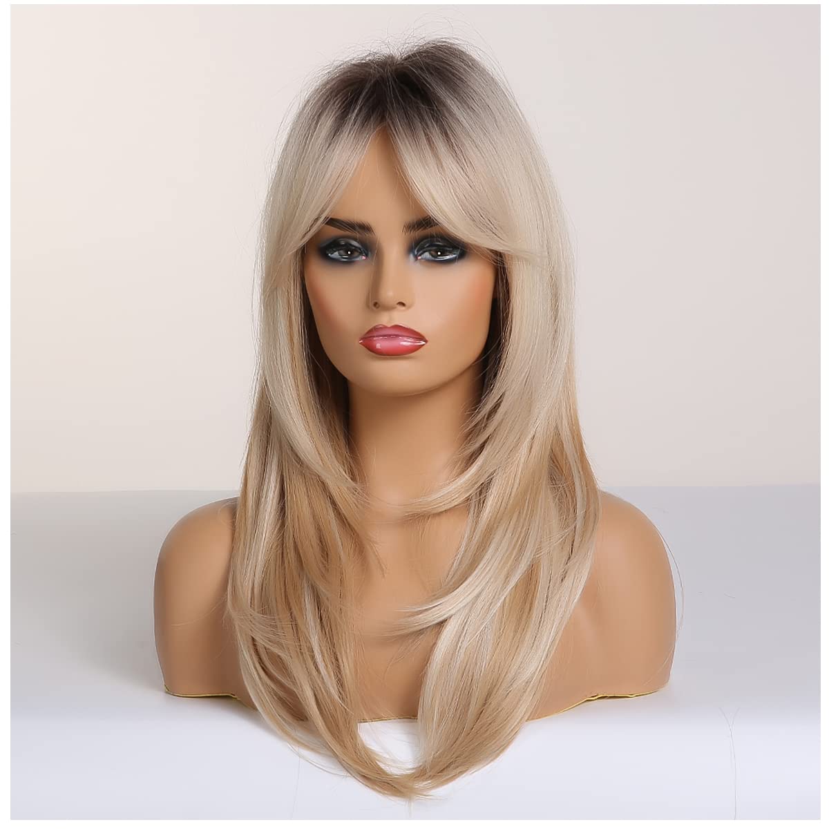 Blonde Layered Wig for Women - Dark Roots Long Blonde Wig with Bangs | Heat Resistant Synthetic Hair