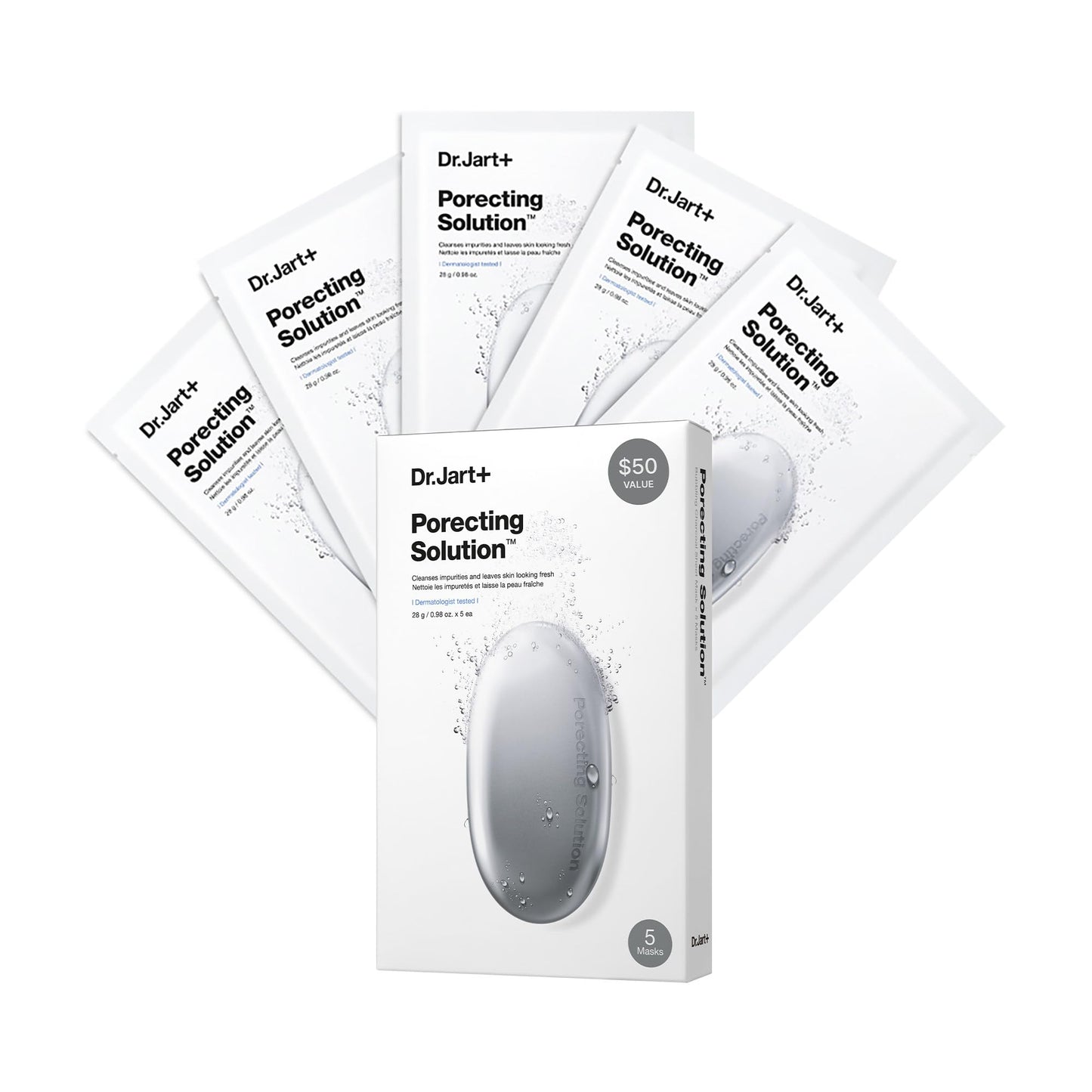 Dr.Jart+ Dermask Porecting Solution Korean Charcoal Face Mask | Sheet Mask for Oily Skin | Gifts for Women | Korean Skin Care, 5 Pack
