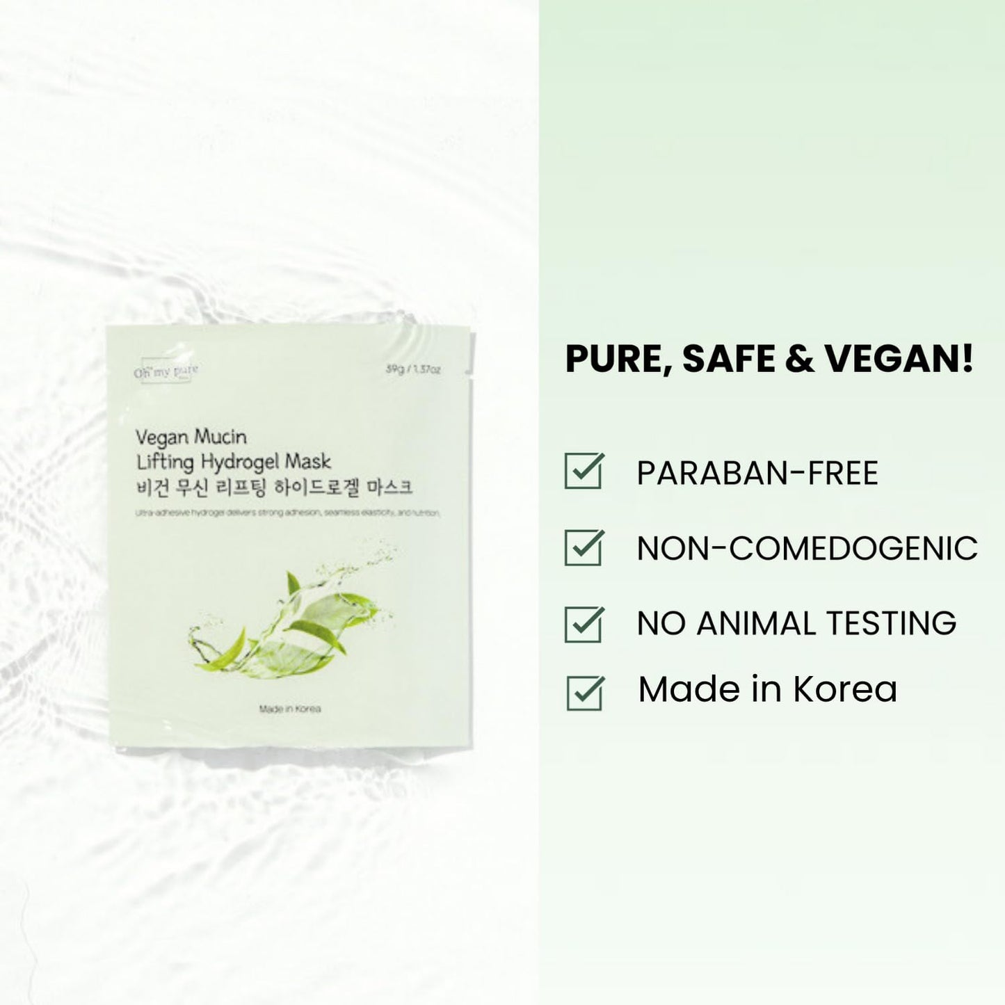 Oh My Pure VeganMucin Lifting Hydrogel Korean Face Mask 3 EA, Improves Skin Texture, Glowing Skin, Made in Korea