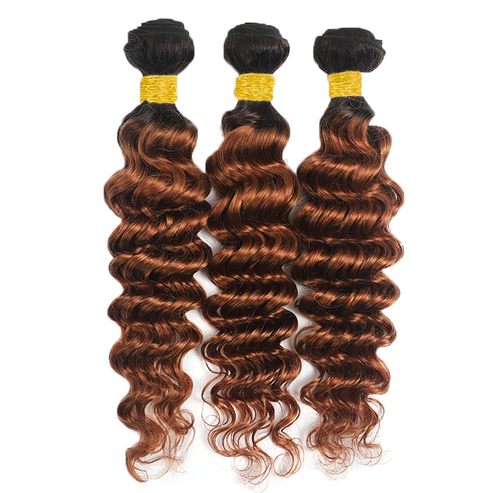 1B/30 Human Hair Bundles Ombre Deep Wave Bundles Human Hair Brown Bundle 8 10 12 Double Weft Unprocessed Brazilian Remy Hair Extensions Ombre Deep Curly Bundle 300G