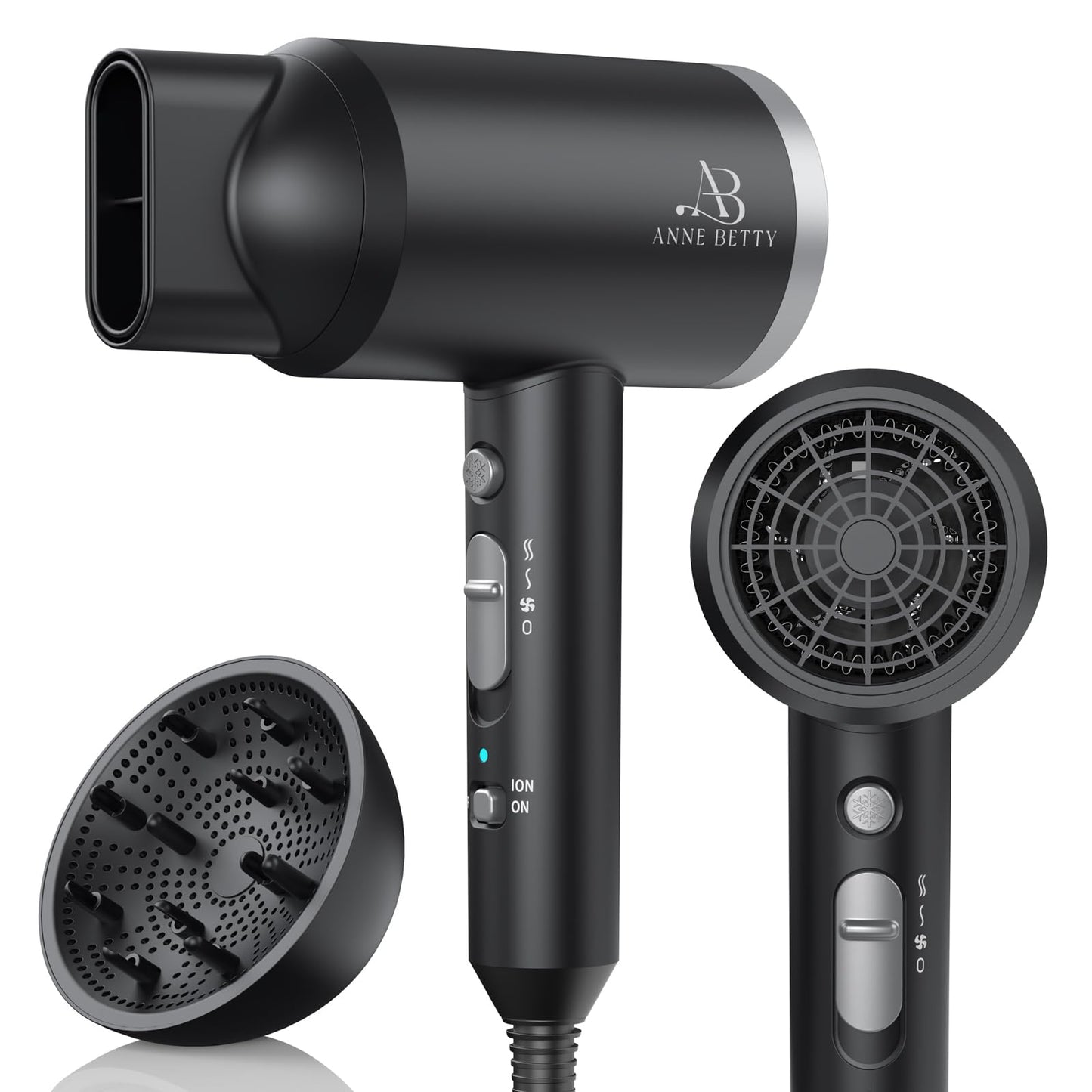 ANNE BETTY Ionic Hair Dryer with Diffuser, 1800W Blow Dryer for Women & Men, Fast-Drying, Lightweight, Low Noise, Hair Care Styling Tool for Home, Travel, Gifting