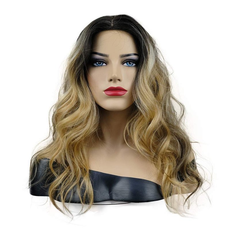 Long Curly Wavy Synthetic Wig - Golden Brown with Dark Roots | Stylish Hairpiece for Women