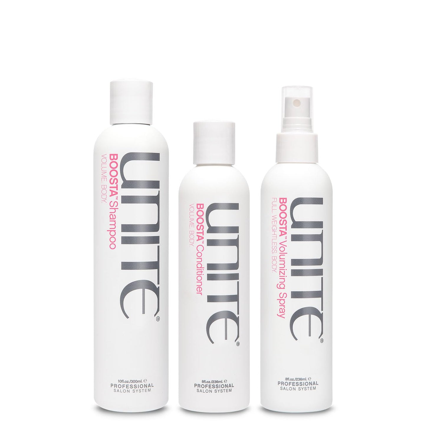 UNITE Hair – BOOSTA Shampoo, Conditioner & Volumizing Spray – Builds Lift, Body & Shine – For Fine Hair – 10 Fl Oz, 8 Fl Oz & 8 Fl Oz