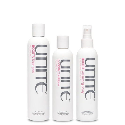 UNITE Hair – BOOSTA Shampoo, Conditioner & Volumizing Spray – Builds Lift, Body & Shine – For Fine Hair – 10 Fl Oz, 8 Fl Oz & 8 Fl Oz