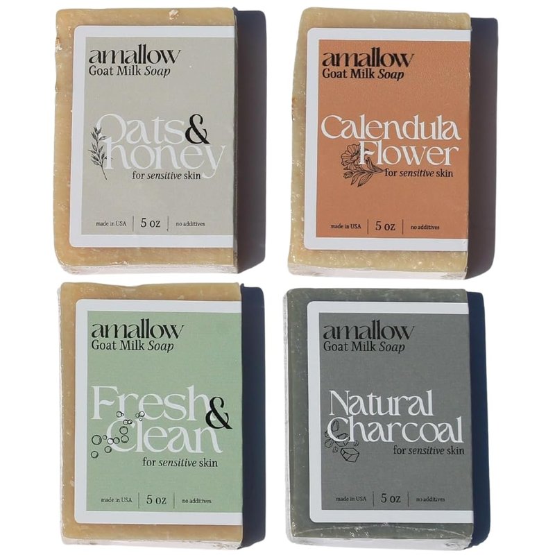 Amallow Premium Goat Milk Soap Bars - Dry Skin, Gentle, Organic & Soothing - Hand Made in USA with Real Goat Milk - Large 5 OZ (Pack of 4) - (Variety Pack)