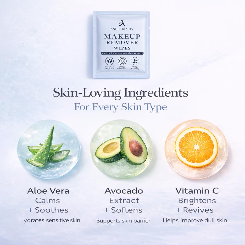 Angel Beauty Makeup Remover Wipes – 30 Individually Wrapped Micellar Face Wipes Singles – Daily Gentle Facial Cleanser with Aloe, Avocado & Vitamin C – Alcohol-Free, Paraben-Free, Travel-Friendly