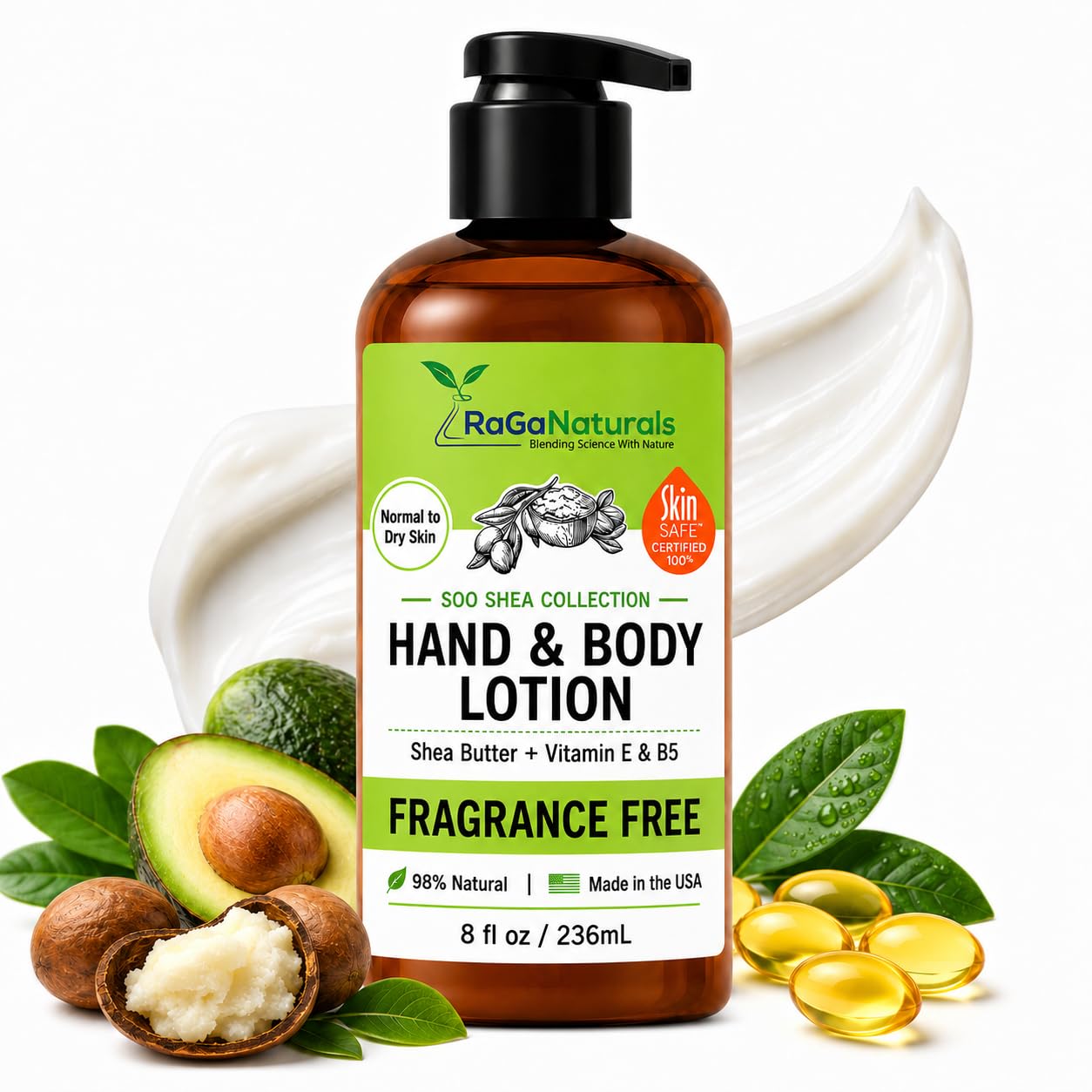 RaGaNaturals Natural Unscented Body Lotion for Dry Skin with Shea Butter and Vitamin E & B5 - Hydrating, Nourishing, Fragrance Free Hand Moisturizer With Organic Essence - For Women, Men, Kids - 8 Oz