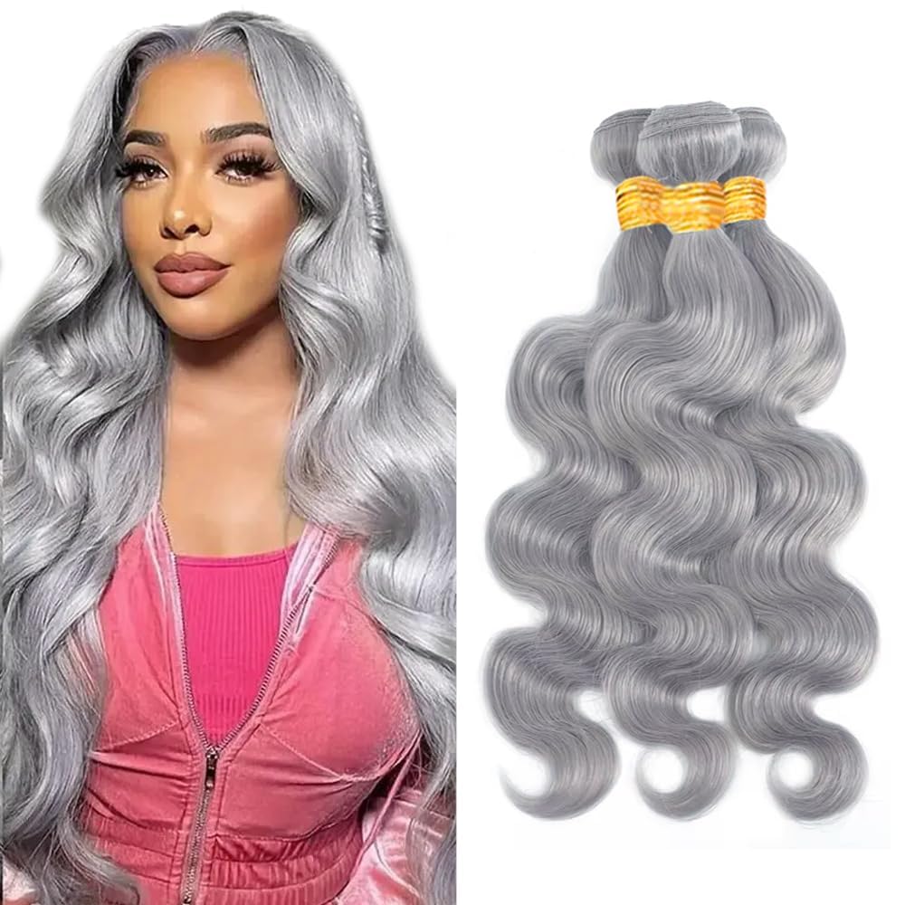 Grey Body Wave Human Hair Bundles 3 Bundles Body Wave Hair Brazilian Virgin Human Hair Extensions Unprocessed Hair Bundles for Women 12 14 16 Inch 300g