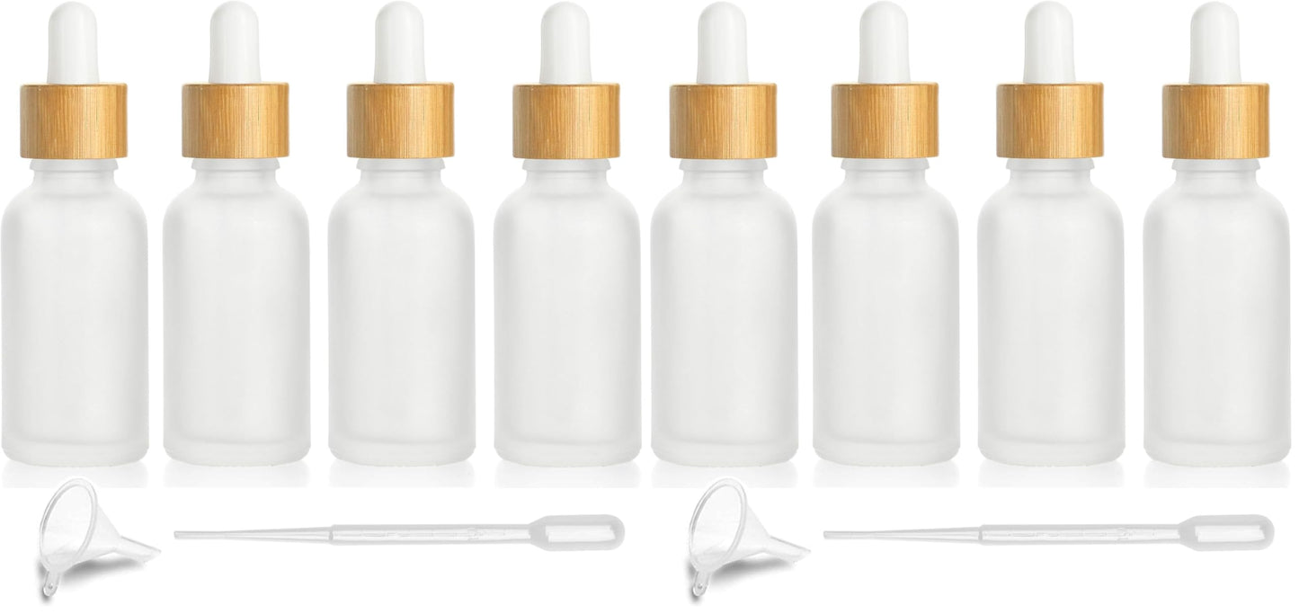 4 Pcs Bamboo Frosted Glass Eye Dropper Bottle,Empty Essential Oil Bottles With Pure Glass Pipettes,Bamboo Cap Makeup Travel Cosmetic Sample Container-Pipette&Funnel included (30ml/1 Ounce) (Pack of 2)
