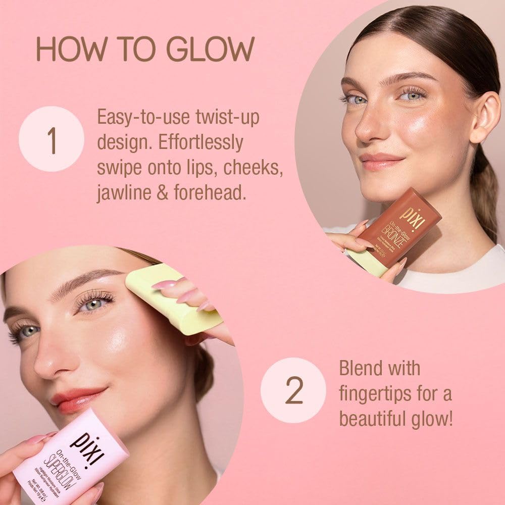 Pixi Beauty Radiance Ready On-the-Glow Trio - Hydrating Tinted Moisture Stick Blush, Bronzer & Highlighter Set | Travel Size, Vegan