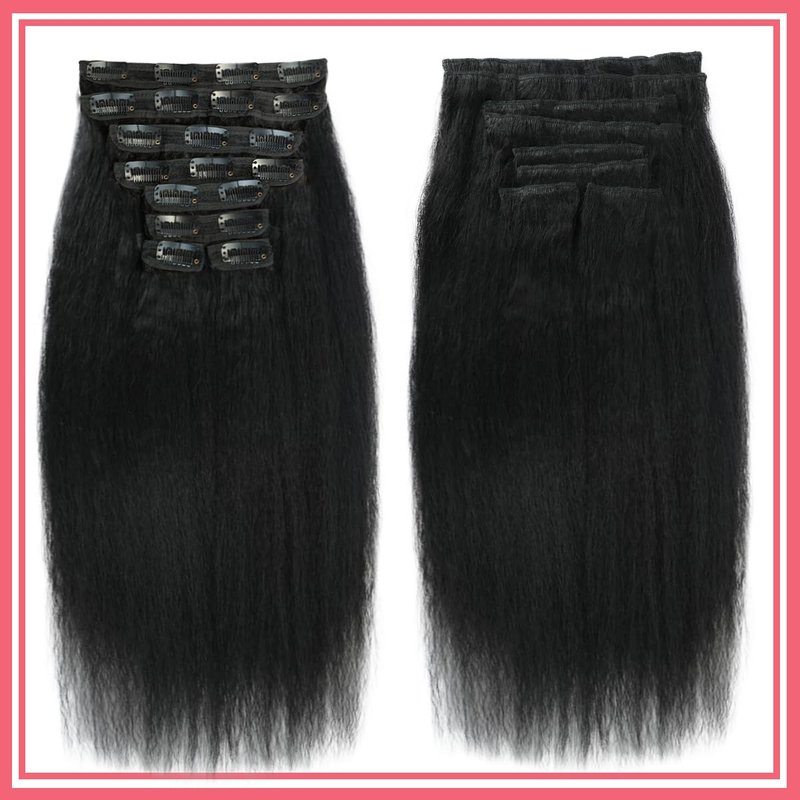 Real Human Hair Clip-In Extensions - 110g Kinky Straight Brazilian Hair | 14-Inch, 8 Pcs Set for Women