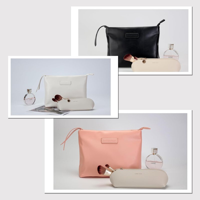Makeup Bag Organizer - Waterproof PU Leather Cosmetic Bag | Large Travel Clutch Purse (Cream)