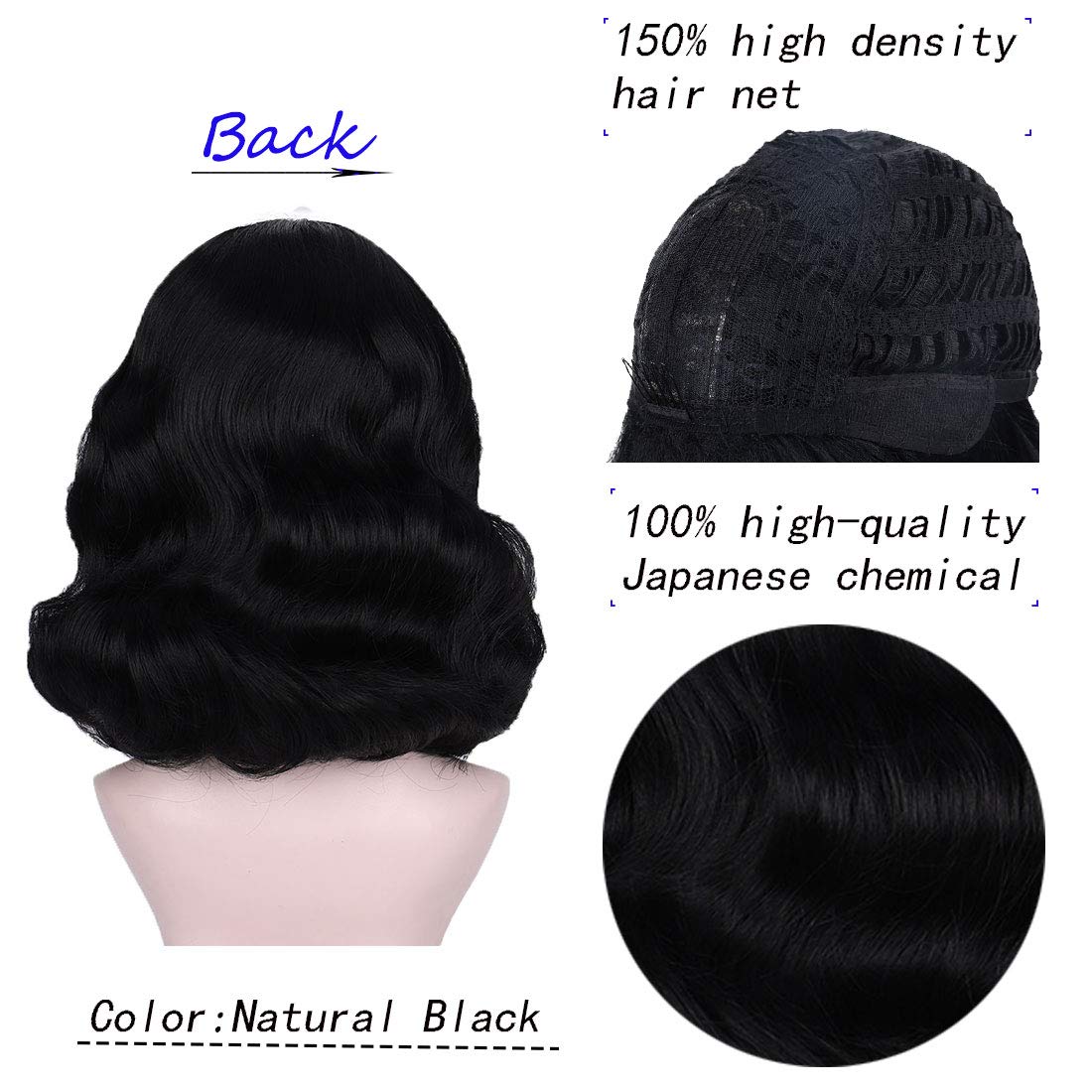 Bybrana Hair 50s Rockabilly Vintage Wavy Black Wig With Bangs - Bettie Page Wig for Woman - Cosplay & Daily Use (14'')