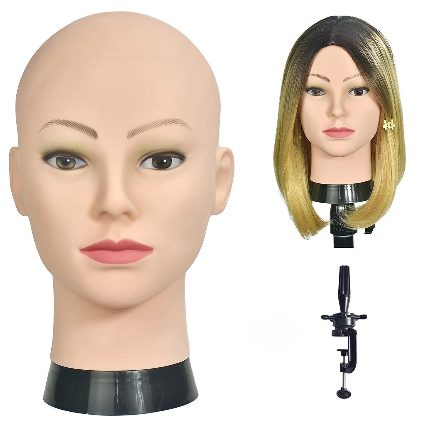 Professional Cosmetology Mannequin Head - Female Bald Wig Display, Hat & Glasses | Includes Clamp