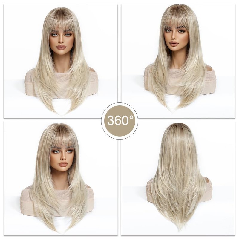 Long Straight Blonde Wig for Women - Ombre Synthetic Hair with Fringe | Perfect for Daily & Party Wear