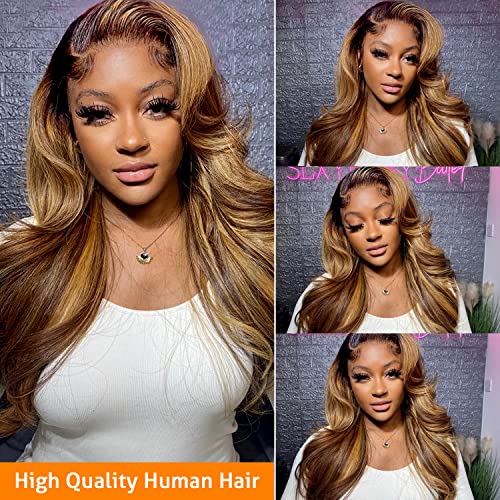 Highlight Ombre Lace Front Wigs Human Hair 13x6 Body Wave Frontal Wigs Pre Plucked With Baby Hair 180% Density 4/27 Colored Honey Blonde Wig Human Hair for Women 24 Inch
