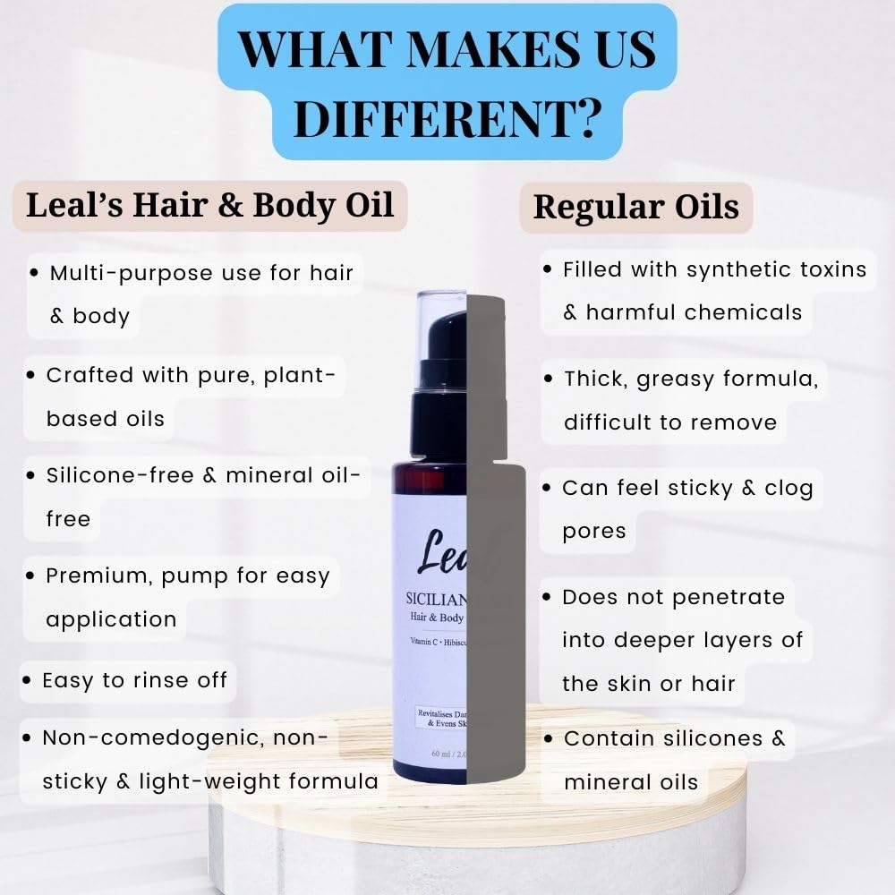 Leal Hair & Dry Body Oil, Brightening Glow Oil, Hibiscus Hair Oil, After Shower Body Oil Scented & Hair Serum, Natural Plant Oils Skin Pigmentation, After Shave Dry Oil, Sicilian Olive Oil- 60ml