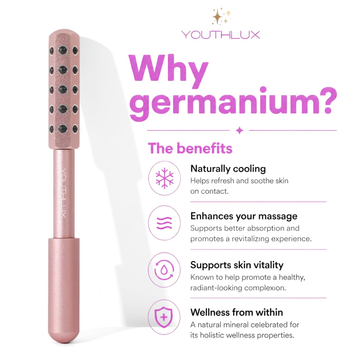 YOUTHLUX Radiance Roller – Germanium Stone Facial Massage Tool/Wand Face Roller for Lifting, Sculpting, De-Puffing, Glow Boost, Energizing & Cooling Effect (Rose Gold)
