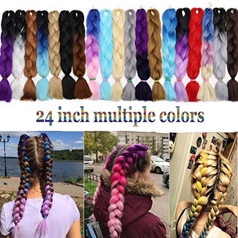 Ombre Jumbo Braid Hair Extensions - 24 Inch Rainbow Box Braids | High-Temperature Synthetic Fiber, 4 Tones Purple, Blue, Yellow, Orange, 5 Bundles