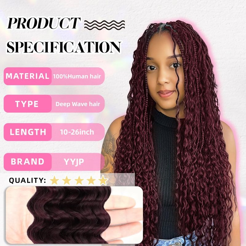 18 Inch Deep Wave Human Braiding Hair for Boho Braids – 50g 1 Bundles/Pack 99J Burgundy 100% Unprocessed 12A Brazilian Virgin Human Hair Bulk, No Weft, Wet & Wavy Curly Extensions