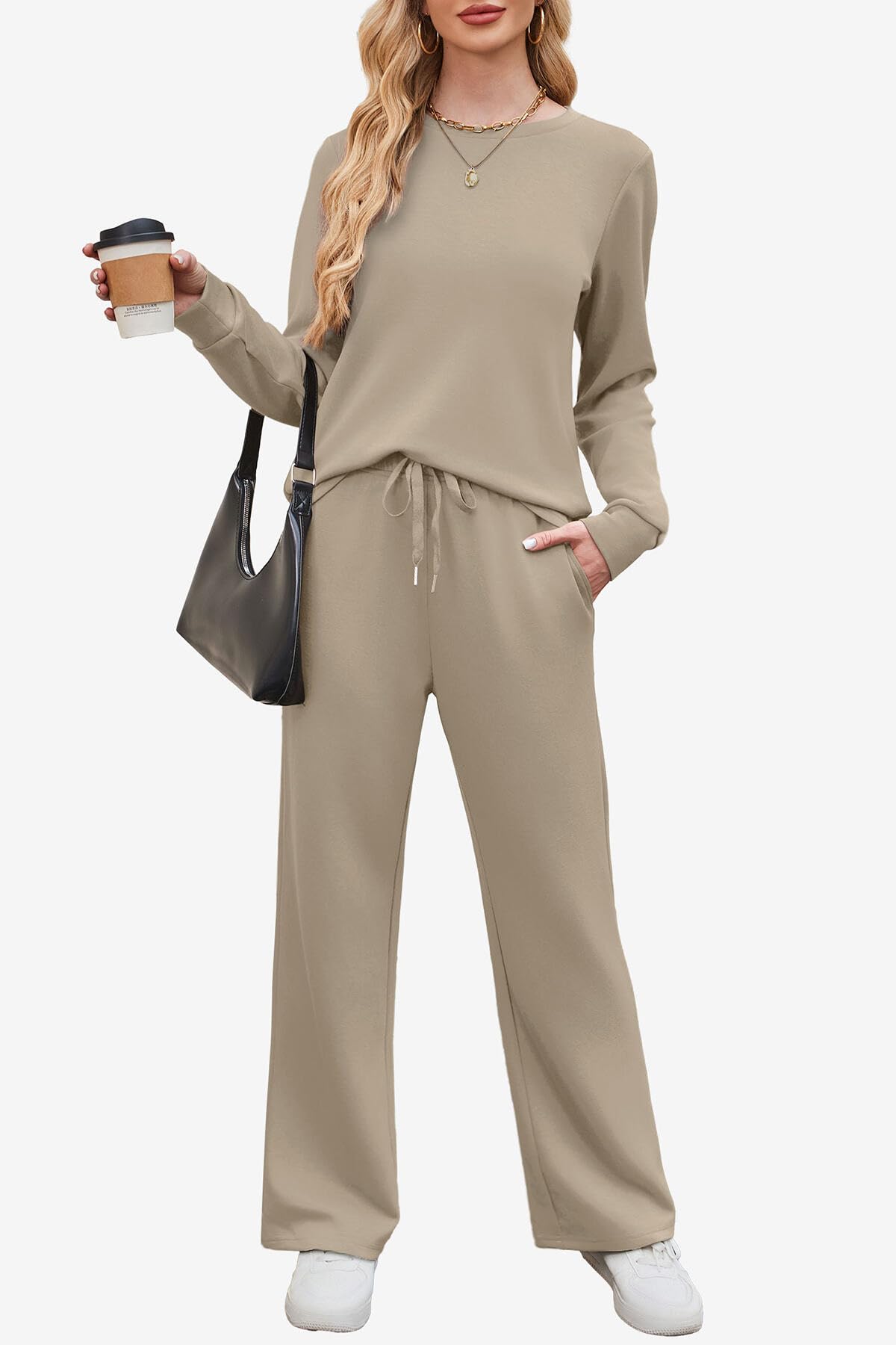 WIHOLL Sweatsuits Women 2 Piece Outfit 2026 Fall Spring Matching Sets Clothing Wide Leg Sweatpants Tracksuits Concert Outfits 2000s Jogger Sets Teacher Womens Clothes Khaki S