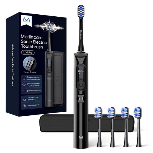 Marlincare Electric Toothbrush, Sonic Toothbrush for Adults Teens with Pressure Sensor, AI Zone Cleaning Tracking, 5 Modes & 3 Intensities, 180 Days Battery Life, 4 Brush Heads with Travel Case, Black