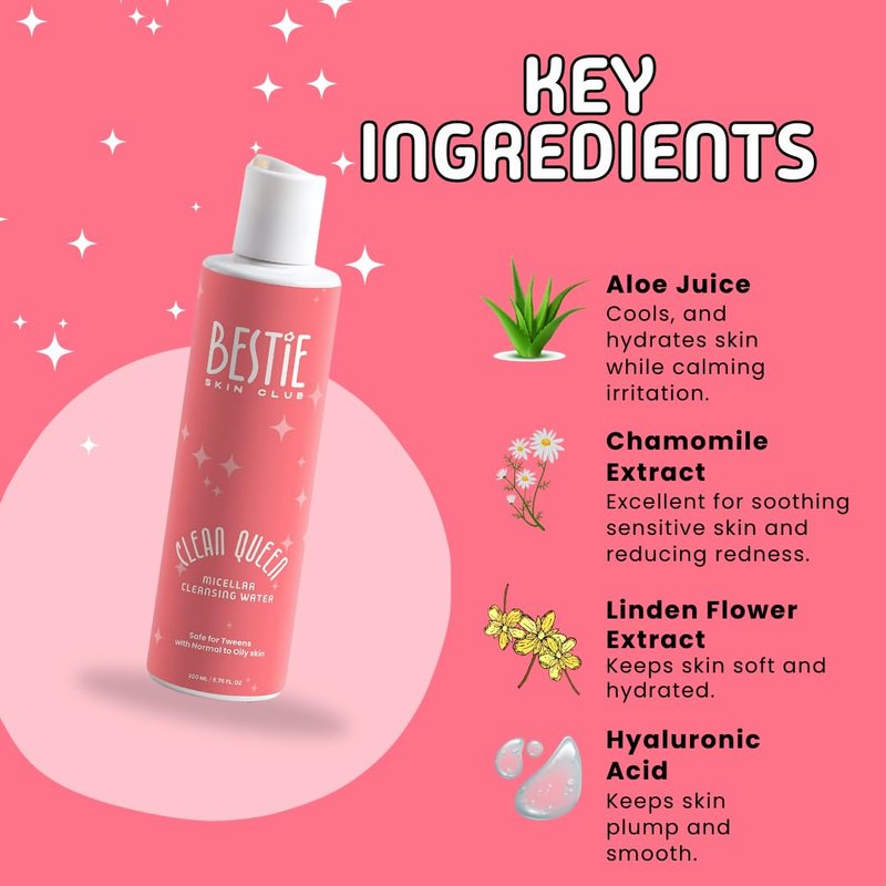 Bestie Skin Club Clean Queen Micellar Cleansing Water, Makeup Remover with Hyaluronic Acid, Aloe, Chamomile