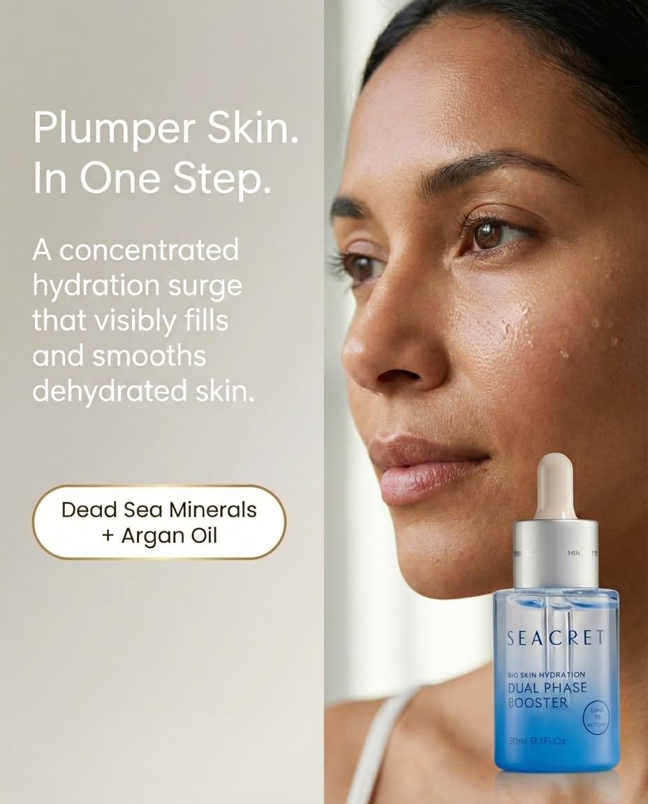 SEACRET Dual-Phase Hydration and Glow Booster, Shake-to-Activate Dead Sea Face Oil and Water Serum with FERMENT 21, Niacinamide, Jojoba and Argan for Dry Dehydrated Skin, 1 Fl Oz / 30 ml