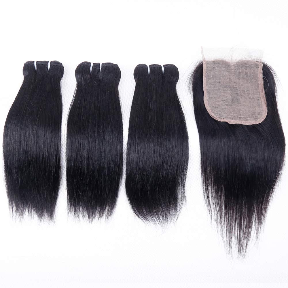Brazilian Straight Human Hair Bundles with Closure(10 10 10+10) Straight 3 Bundles with Closure 50g 10A Unprocessed Straight Virgin Short Bob Hair Bundle Natural Black Color