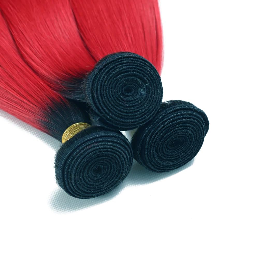 Yuksoocosh Ombre 1B/Red Straight Human Hair Bundles Two Tone Black and Fire Red 10 12 14 inch Double Weft Brazilian Hair Extensions Silky Soft for Black Women