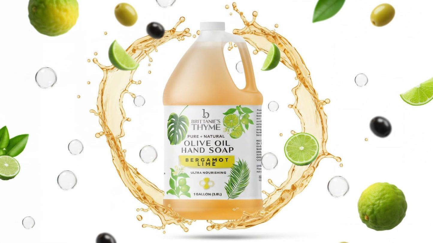 Brittanie's Bergamot Lime Pure Castile Olive Oil Liquid Soap 1 Gallon (128oz) | Face, Body Wash, Dishes, Pets & Laundry | Natural Vegan Sulfate Free, Moisturizing & Refill-Friendly