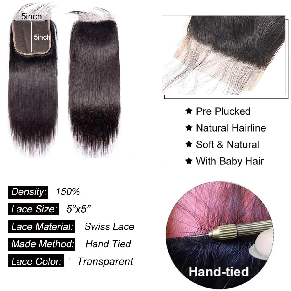 Human Hair Lace Closure - 5x5 Straight HD Transparent Lace | Pre-Plucked with Baby Hair, 12 Inch, Natural Black