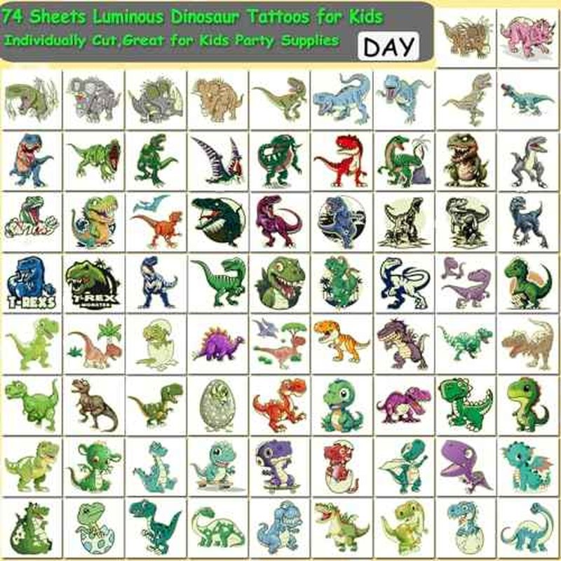 Glow in The Dark Dinosaur Temporary Tattoos for Kids - 74 Individually Sheets Luminous Dinosaur Tattoos for Boys Birthday Party Favors Goodie Bag Fillers
