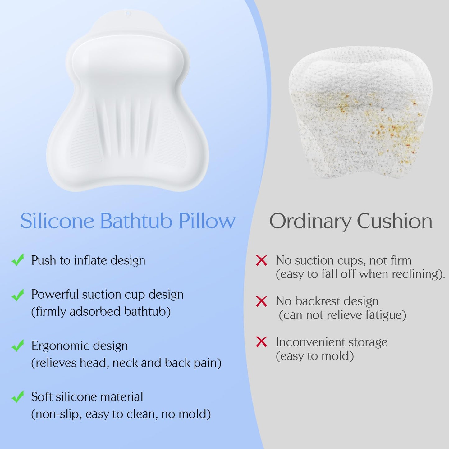 Silicone Bath Pillow, New Material Bath Pillows for Tub Head Neck and Back Support, Bath Tub Pillow with 4D Press Inflatable Airbag and Non-Slip Strong Suction Cups, Quick-Drying, Easy to Store, White