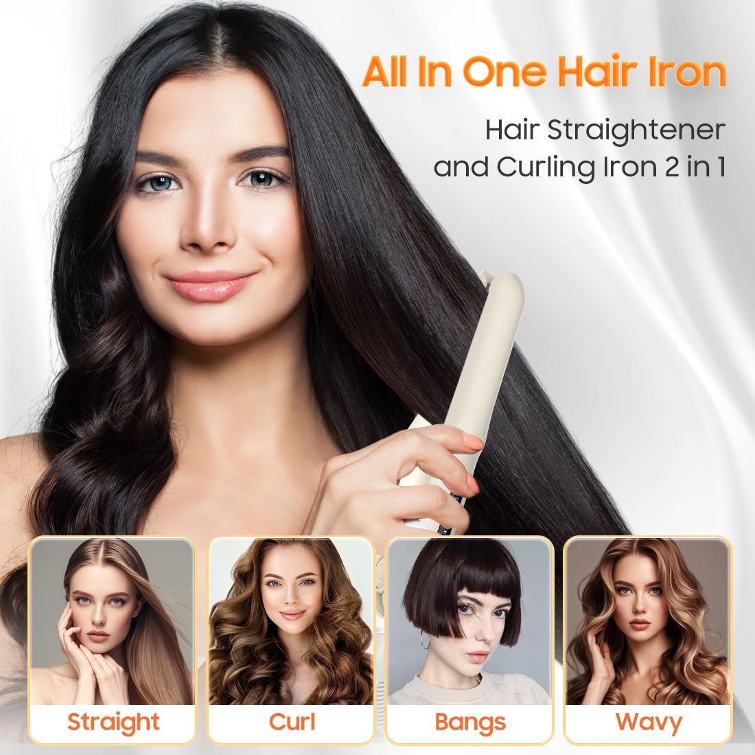 Cordless Hair Straightener, Portable Flat Iron for Travel, 2 in 1 Hair Styling Tools for straightening and Curling, Lightweight on-The-go, 4000 mAh Battery, Fast USB-C Charging (White)