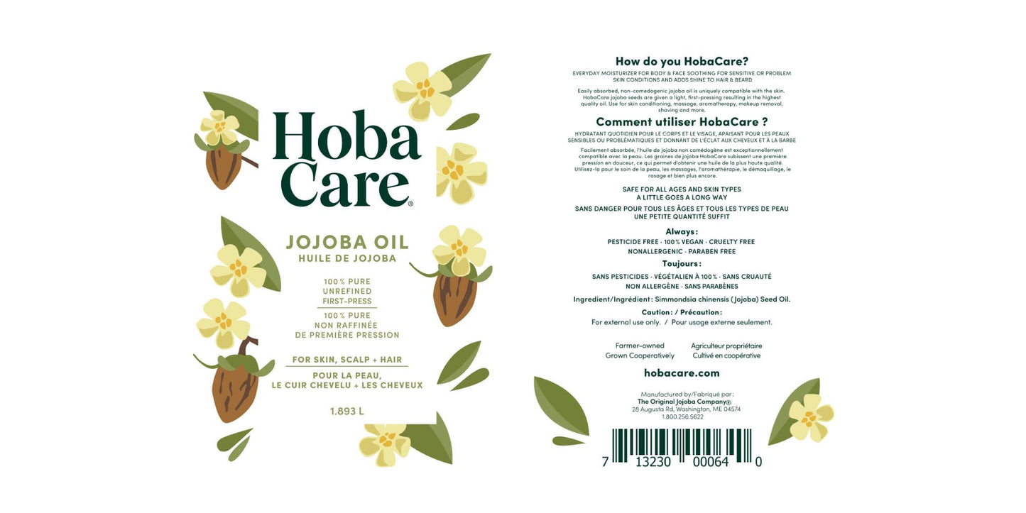 HobaCare Natural Jojoba Oil Bulk - 100% Pure Unrefined Carrier Oil for Skincare, Hair, Face, Beard, Scalp Massage, Bath - Hexane-Free, Long Shelf Life (64 oz Half Gallon)