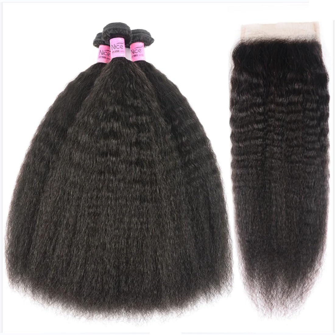 OLFORY 5x5 HD Lace Closure Kinky Straight Human Hair Yaki Straight 12A Brazilian Virgin Remy Frontal With Bundles 100% Human Hair 14 Inch