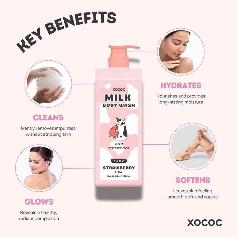 Strawberry Milk Body Wash - Moisturizing Cleanser with Milk Protein & Strawberry Scent | 33.8 fl oz, Paraben Free
