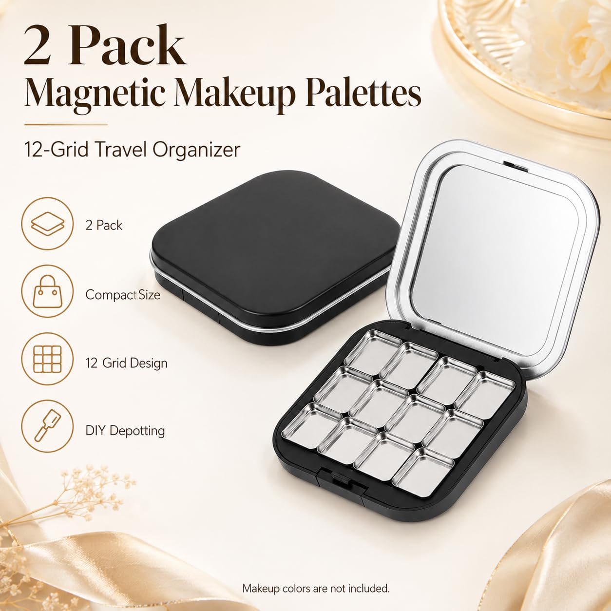 FRCOLOR 2 Pack Magnetic Makeup Palette Empty, Small Empty Eyeshadow Palette with 12 Grids, Mini Travel Makeup Organizer, Refillable Cosmetic Pan Case for DIY Depotting Blush Lipstick Contour Powder