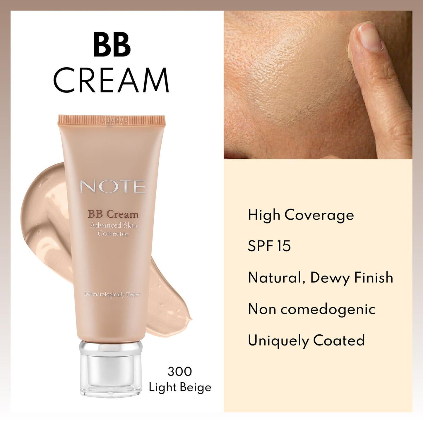 Note Cosmetique BB Cream SPF 15 - Tinted Moisturizer Face Cream with Vitamin E - Hydrating Foundation Makeup - 300 Light Beige - 1 oz