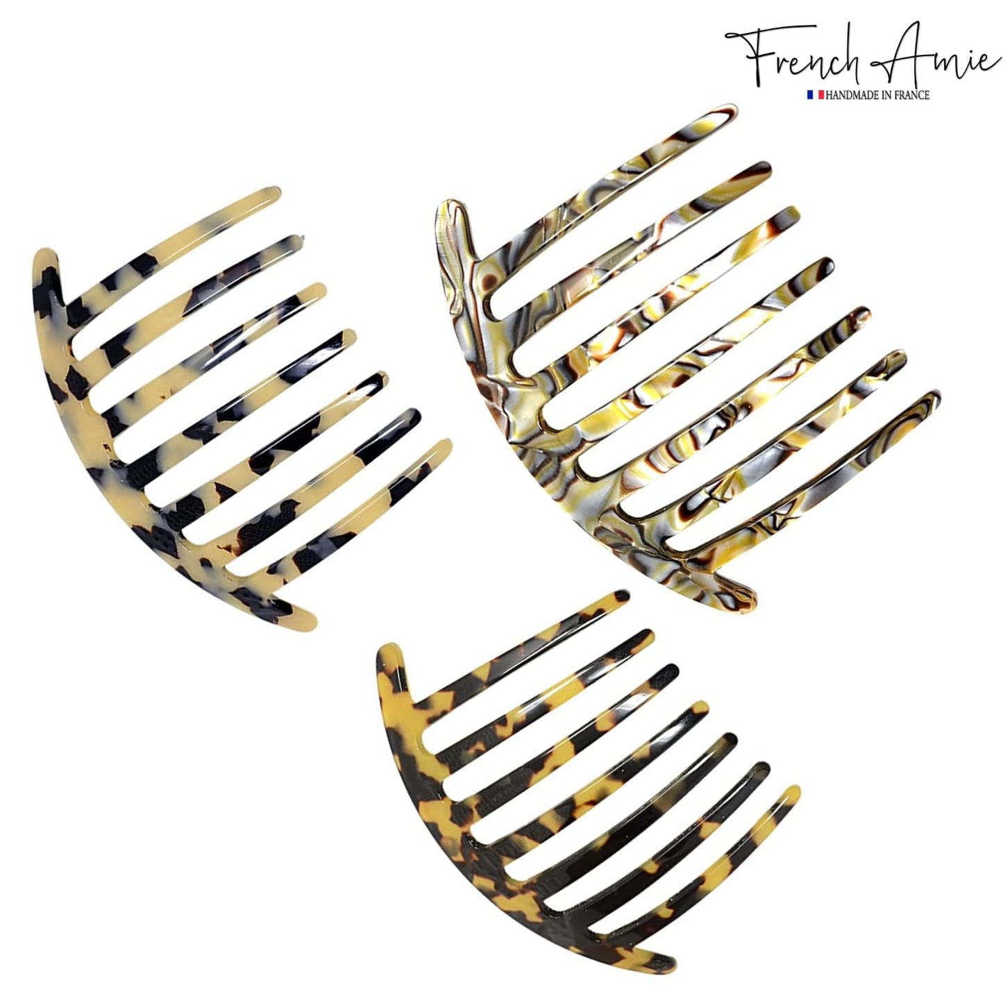 French Amie Curvy 7 Teeth Large 4” Celluloid Handmade Set of 3 Good Grip Hair Side Combs for Women and Girls