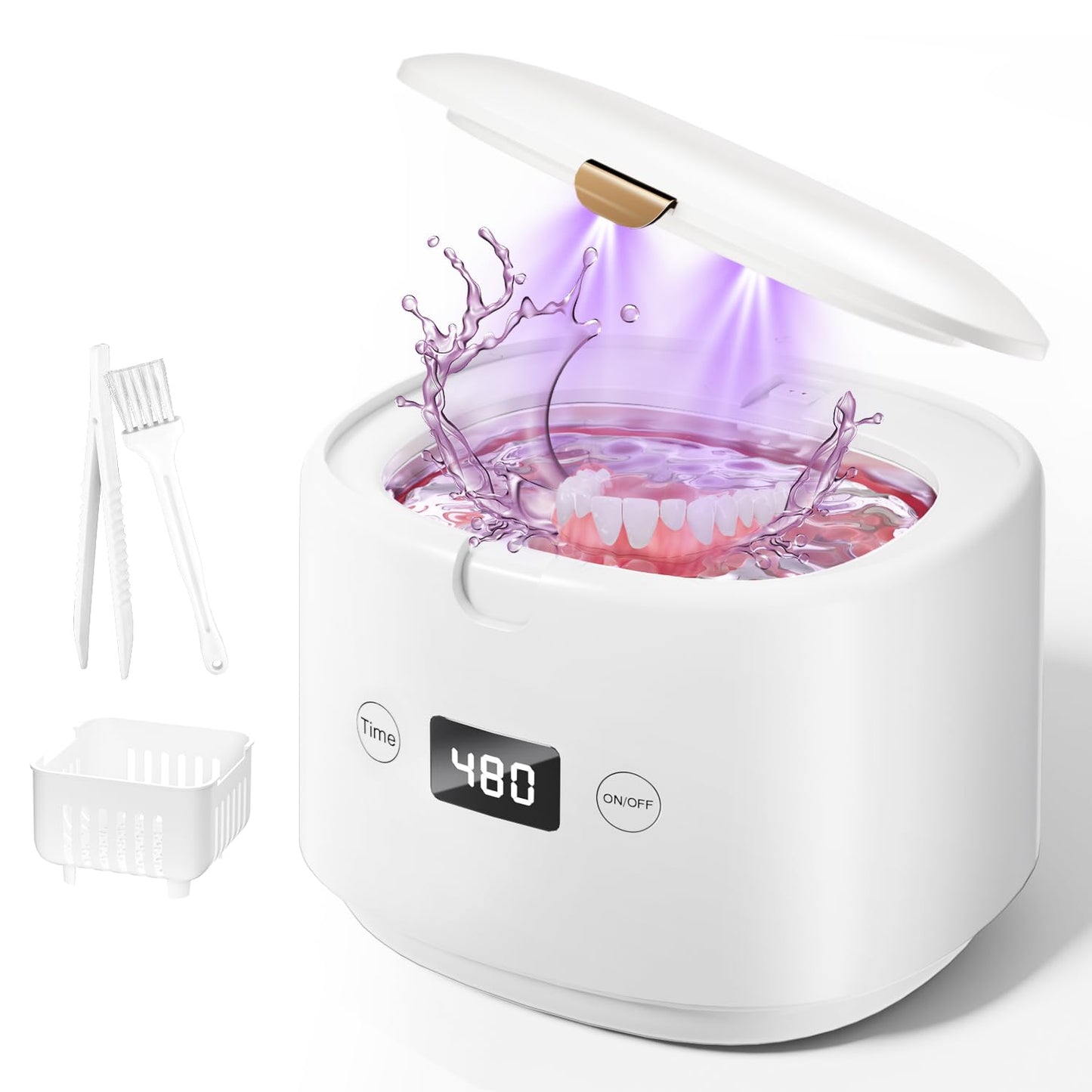BRNMLD Ultrasonic Retainer Cleaner, 45kHz Sonic Retainer Cleaner Machine Dental Cleaning Pod for Dentures, Mouth Guards, Braces, Toothbrush Heads, Jewelry, 5 Modes for All Dental Appliances (White)