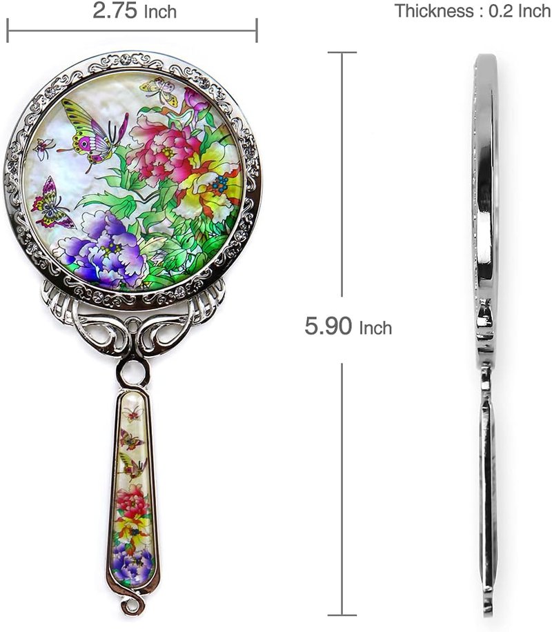 Hand Held Mirror - Eco-Friendly Mother of Pearl Coating | Vintage Rose Design for Travel & Makeup - 150x70x5mm