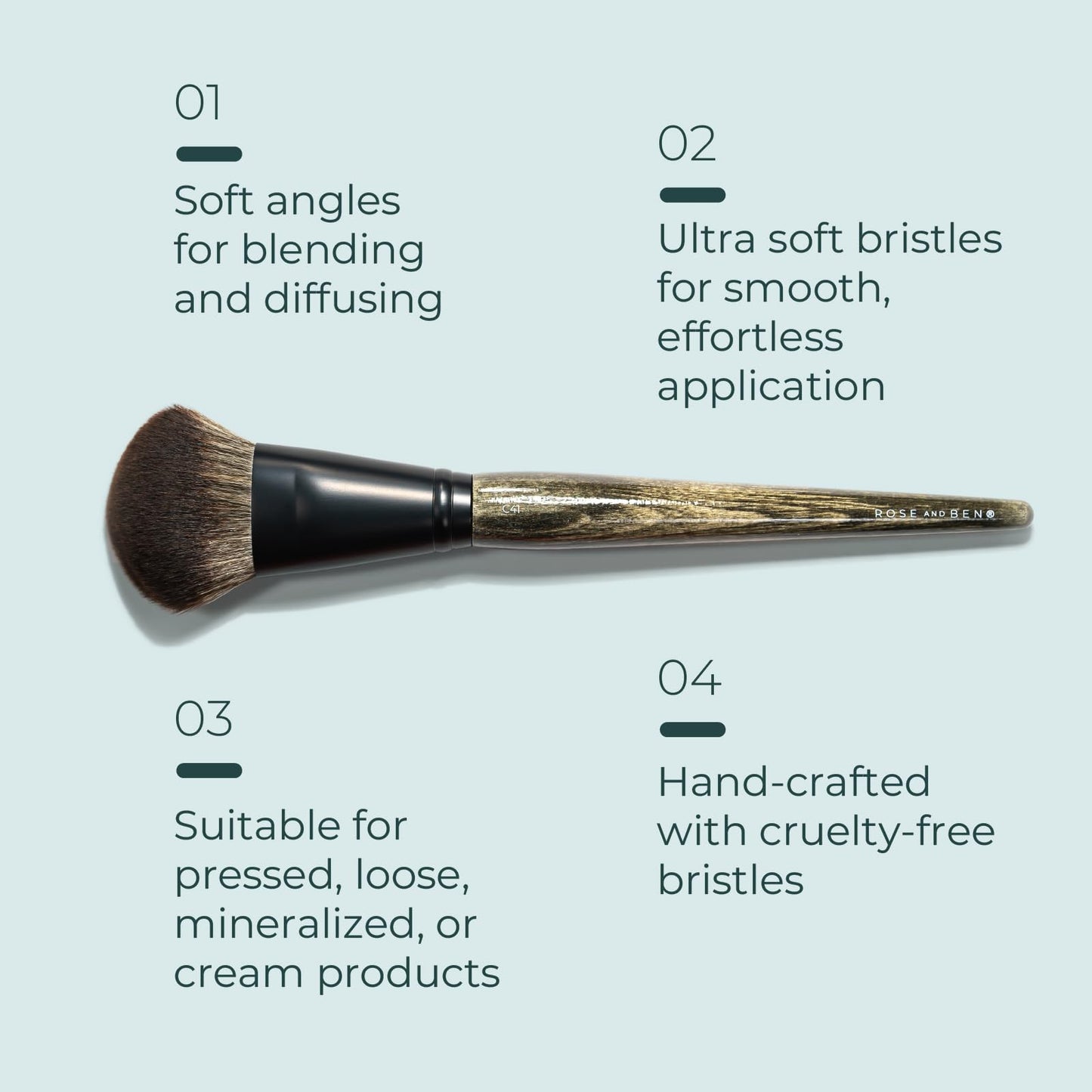 Rose and Ben Beauty C41 Blush Brush | Professional Angled Brush for Flawless Makeup Application | Non-Shedding & Cruelty-Free Vegan Synthetic Bristles for Pressed, Powder, & Cream Cosmetics