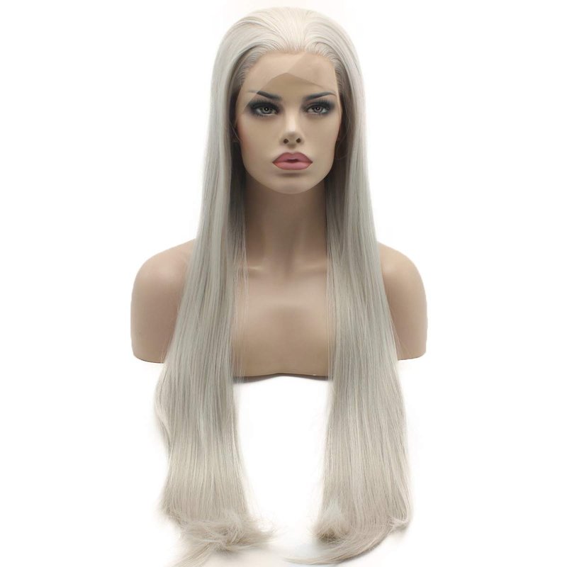 Lushy Hair Synthetic Lace Front Wig Straight Extra Long 28 inch Gray Wig Heat Resistant Heavy Density Realistic Wig
