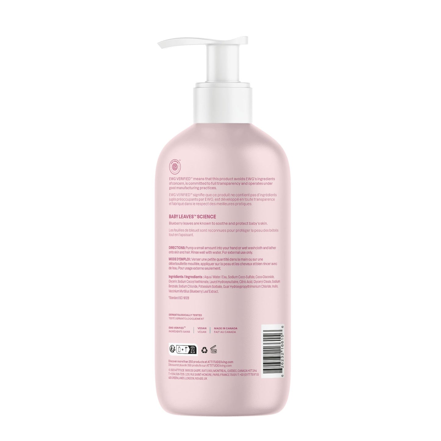ATTITUDE Baby 2-in-1 Shampoo & Body Wash, EWG Verified, Fragrance Free & Dermatologically Tested, Vegan, Unscented, 16 Fl Oz