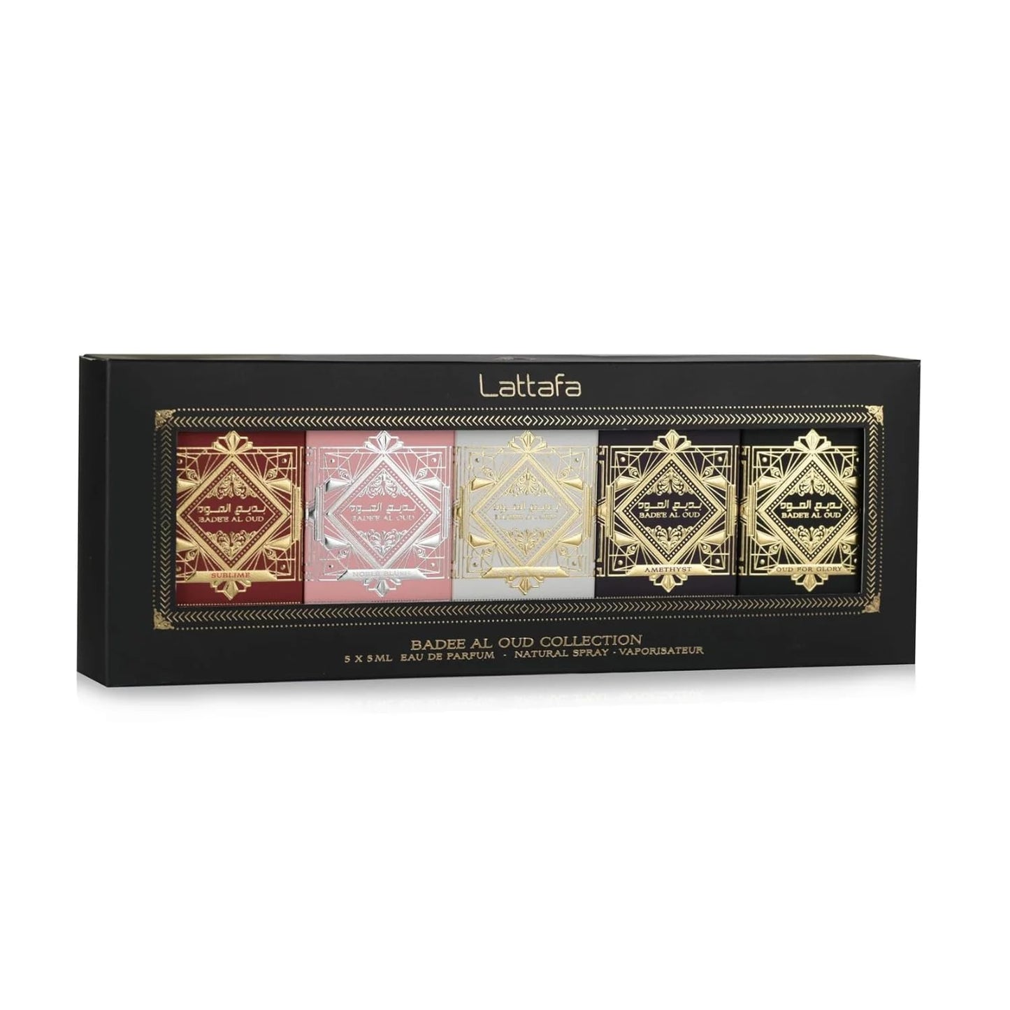 Lattafa Bade'e Al Oud Collection – 5 × 5 ml Eau de Parfum Gift Set for Unisex (Honor & Glory + Sublime + Amethyst + Oud for Glory + Noble Blush)